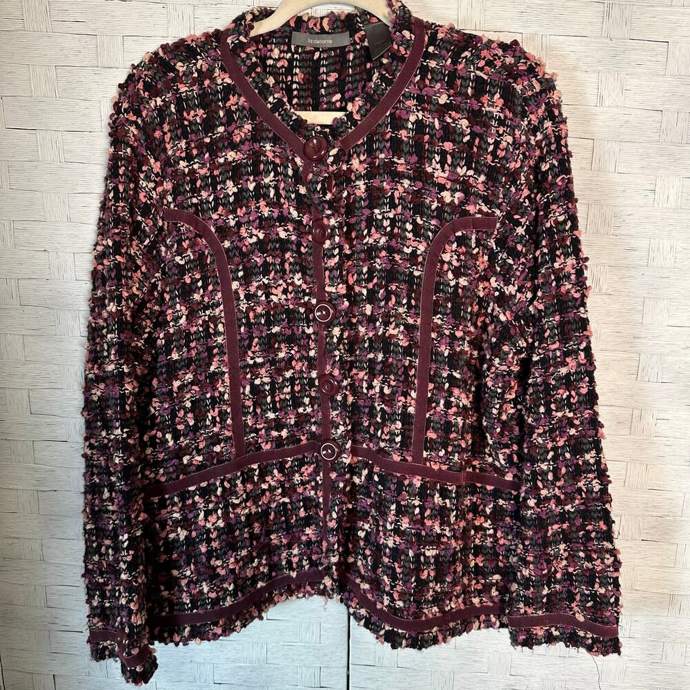 Liz Claiborne women's jacket blazer maroon pink chunky woven button up plus siz